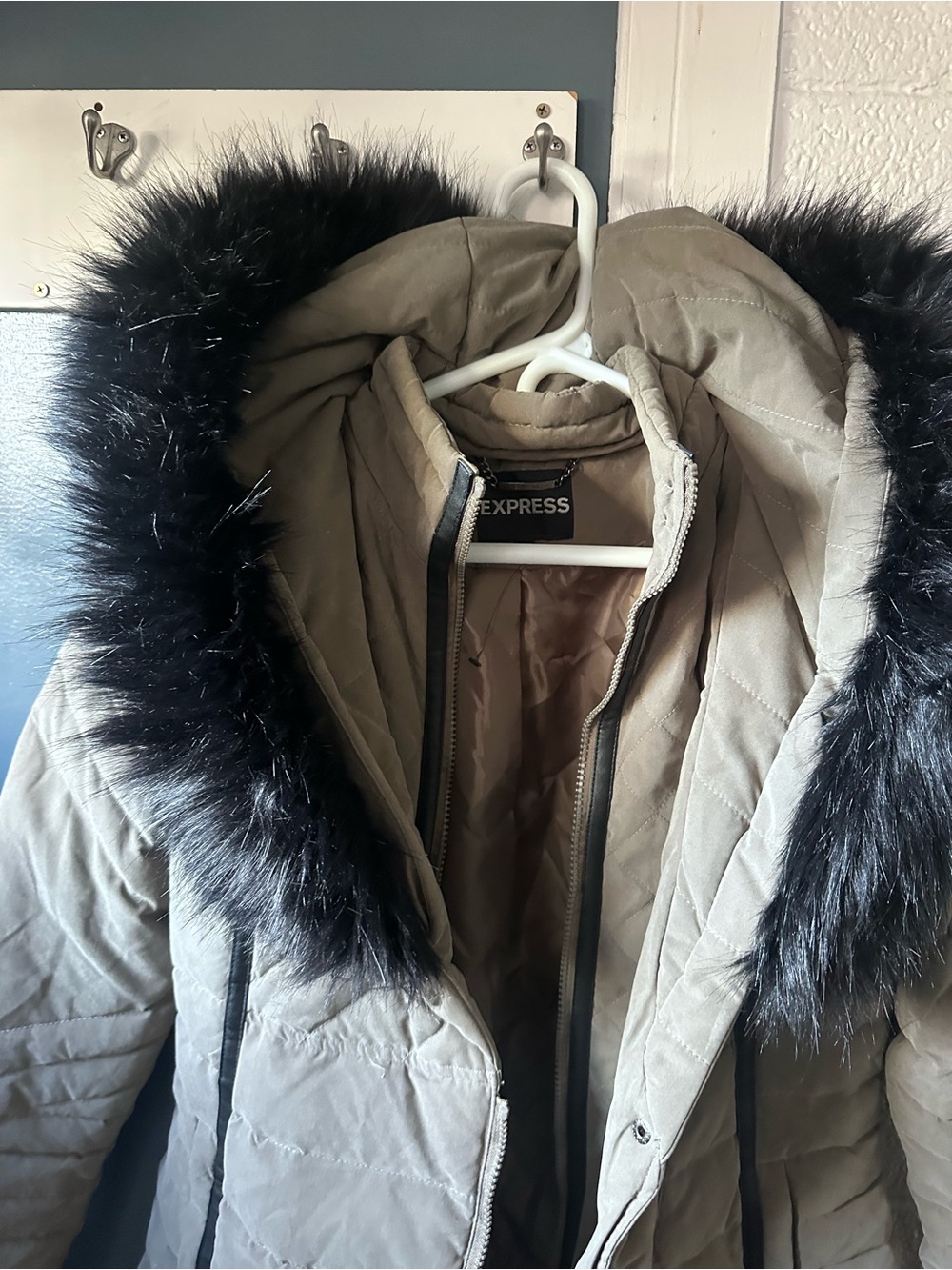 Express Quilted Taupe Puffer Coat with Black Faux Fur Hood